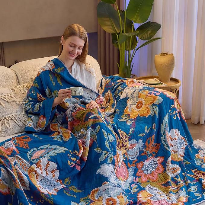 Boho Throw Blanket, Blue Lightweight Blankets for Summer, 100% Cotton Bohemian Decorative Throw Blanket, 90"x98" Reversible Muslin Breathable Woven Farmhouse Blankets Quilt,