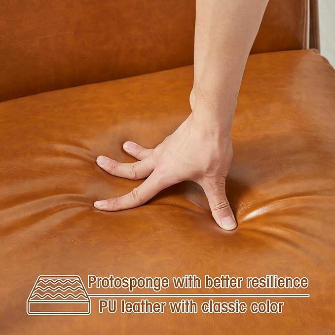 Glitzhome 30" H Mid Century Yellowish Brown Accent Armchair, Single Reading Sofa, PU Leather Lounge Chair with Walnut Ruberwood Frame for Livingroom or Office