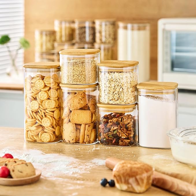 Extra Large Square Glass Flour & Sugar Storage Containers with Airtight Lids, 132 floz & 63 floz - 2 Pack Glass Jars with Bamboo Lids, Air tight Food Storage Containers for Cereal, Pasta, Rice