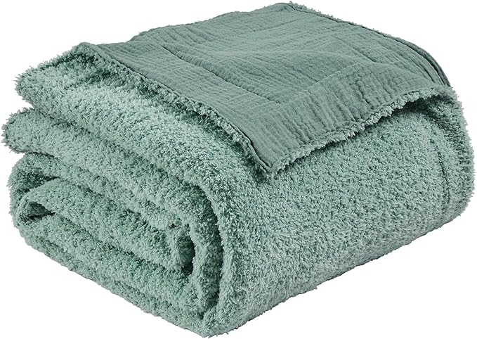 EMME Muslin and Fleece Twin Blanket Reversible - 60"*80" Teal Soft Warm Throw Blankets for Couch Bed Picnic Travel Bed