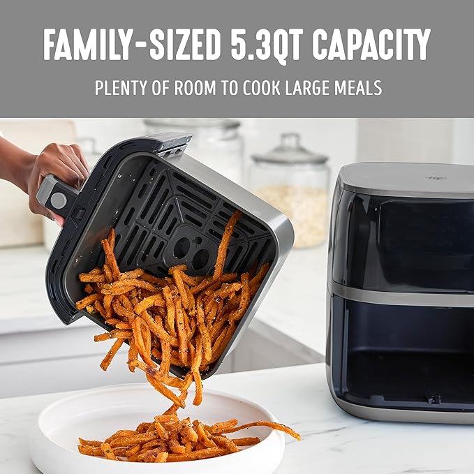 GreenLife Compact Electric Air Fryer Oven, 5.3 QT, PFAS-Free Ceramic Nonstick Drawer, 8 One Touch Digital Display, Easy View Window, Auto Shut-Off Timer, Dishwasher Safe Parts, 1500 Watts, Graphite