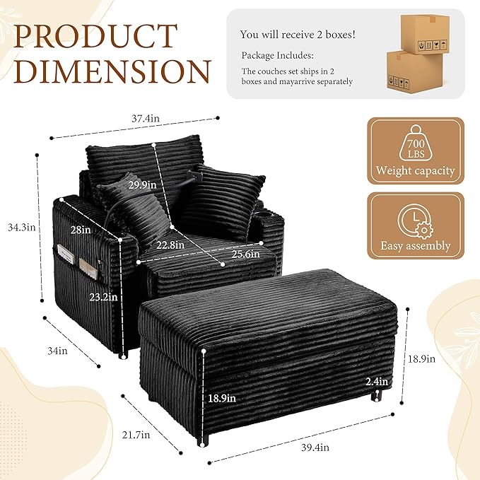 Accent Chair with Storage Ottoman Upholstered Living Room Chairs for Reading Chair with Chaise Lounge Chairs Indoor, Comfortable Armchair for Bedroom