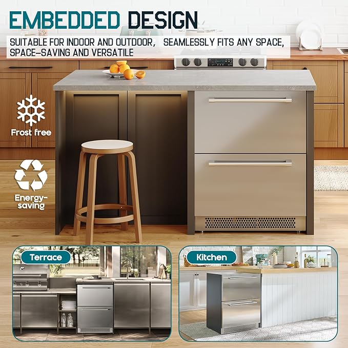 Albott 24 Inch Under Counter Drawer Fridge – Stainless Steel Dual-Zone Beverage Refrigerator with LED Touch Control, Adjustable Storage, Frost-Free, Low Noise, 37℉-50℉, -0.4℉ to 37℉