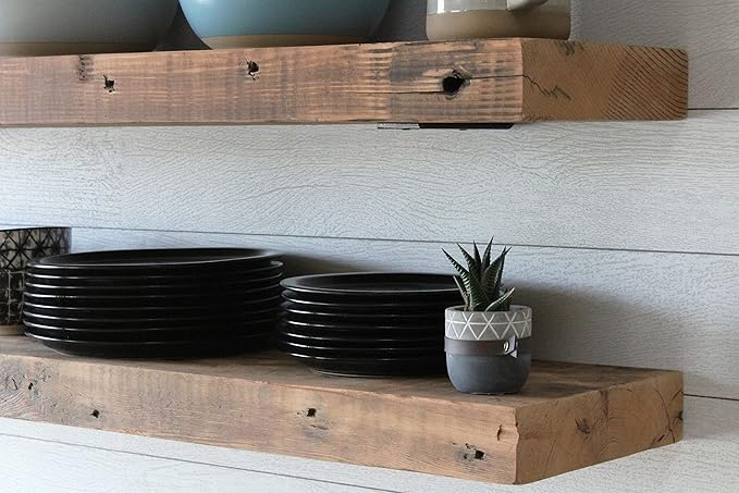 Urban Legacy Reclaimed Barn Joist Deep Floating Shelves | Deep Shelves with Low Profile Shelf Bracket with High Weight Capacity, Set of 2 (48" x 11" x 2.5", Natural)