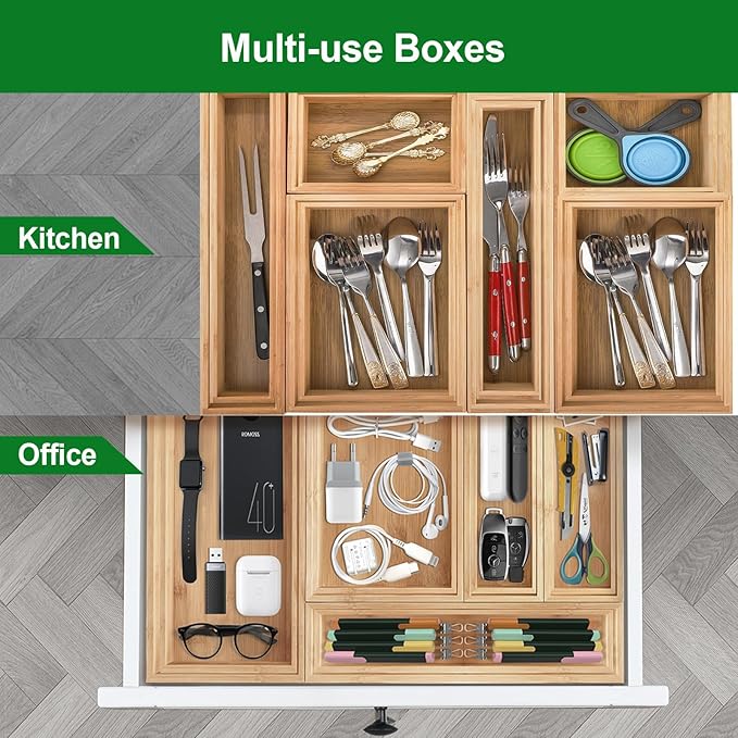 Bamboo Drawer Organizer, 2PCS Stackable Storage Boxes for Utensil Organizer, Wood Tray for kitchen, Bathroom and Bedroom 12" x 6" x 2"