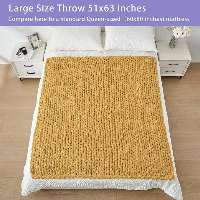 Bigacogo Chunky Knit Throw Blanket for Couch, 51x63 inches, 100% Hand Knitted with Thick Jumbo Chenille Yarn, Cozy Soft Large Rope Knot Cable Crochet Blankets for Sofa Bed Living Room, Mustard Yellow