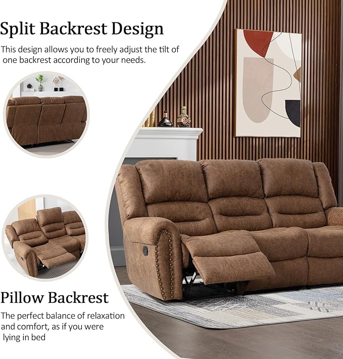 CANMOV Faux Leather Manual Recliner Sofa Set, Manual Recliner Chair, Reclining Loveseat and 3-Seat Sofa for Living Room,Bedroom Furniture, Office,Nut Brown