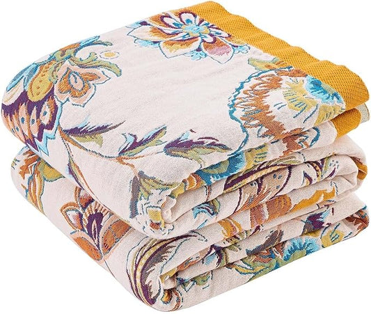 Boho Throw Blanket for Bed, 100% Cotton Soft Rustic Quilt Fall Blanket, 50"x60" Floral Printed Farmhouse Decor Bed Blankets, All Season Rustic Reversible Bohemian Throw Quilt