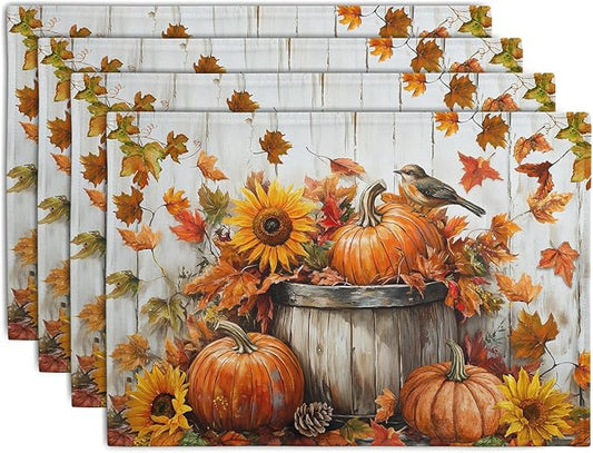 Fall Placemats 12x18 Inch Set of 4 Pumpkin Maple Leaves Sunflower Bird Linen Place Mat Burnt Orange Autumn Thanksgiving Harvest Table Mats for Party Kitchen Dining Decoration