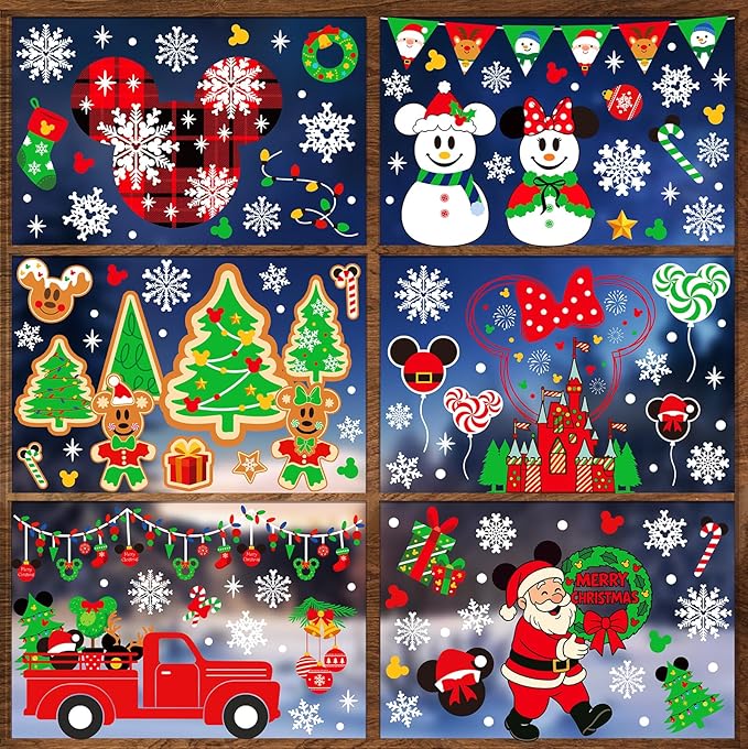 Christmas Window Clings - 9 Sheets 166 Pcs Cute Xmas Decorations for Winter Holiday Home Party, Santa Snowman Tree Snowflake Gingerbread Stickers for Glass, Double-Sided Static Window Decals
