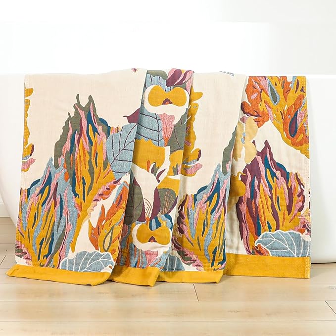 Boho Throw Blanket for Bed,100% Cotton Breathable Muslin Soft Throw, Fall Bed Throw Blanket Floral Bird Butterfly Printed Decor Large Blankets,80"×90" Rustic Farmhouse Throw for Sofa Couch Chair