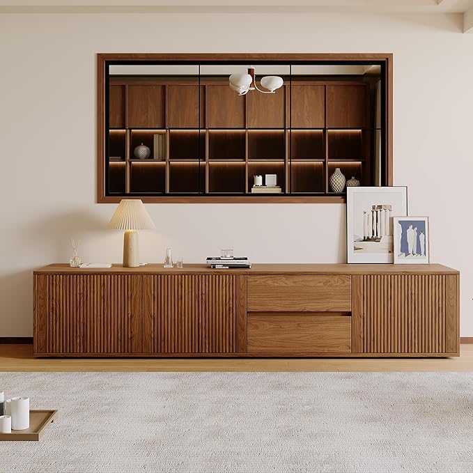 79" Mid-Century Modern TV Stand for Living Room, Farmhouse Entertainment Center with Storage & Drawers, Fluted Design Wood TV Console for Home Theater Office