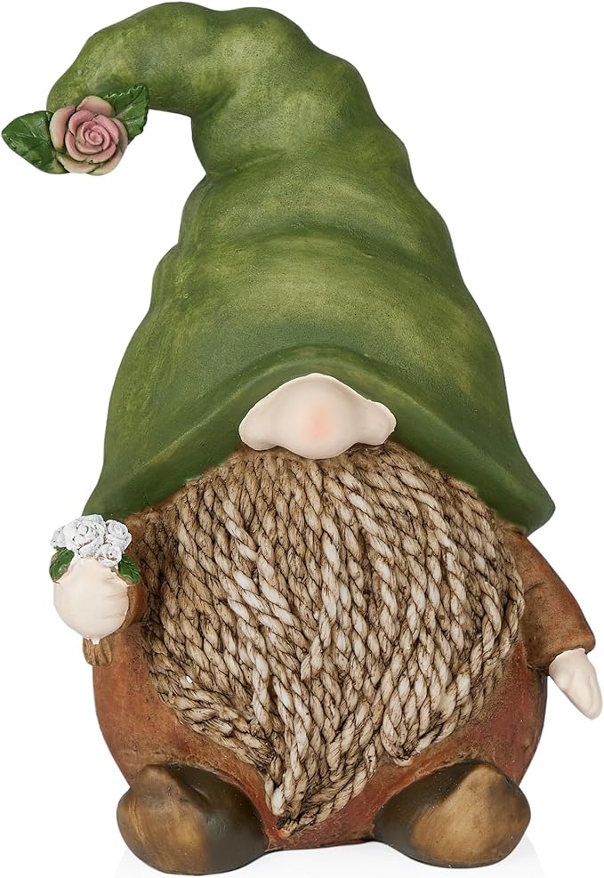 Alpine Corporation QWR1442 Outdoor Gnome with Green Hat Holding a Flower for Garden, Patio, and Lawn, 10" H, Multicolor