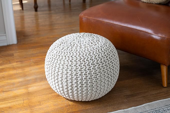 BIRDROCK HOME Round Pouf Ottoman | Cotton Braided Foot Stool with Bean Bag Filling | Boho Foot Rest for Living Room & Bedroom | Compact & Comfortable Seating, Lightweight & Soft | Natural