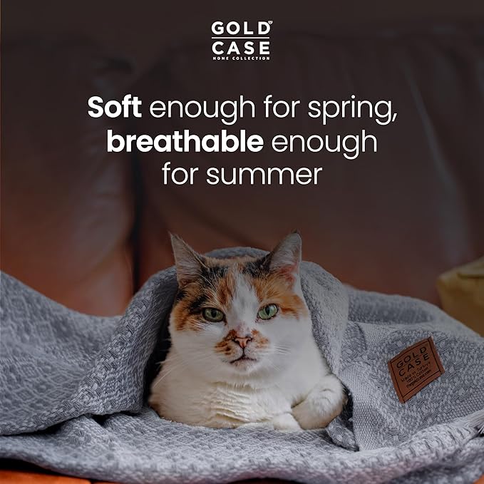 Gold Case Throw Blanket for Couch – 100% Recycled Turkish Cotton Blankets & Throws – Elegant Decorative Throw Blankets for Living Room Sofa – Woven Throws for Couch – Retro Grey – 50x60