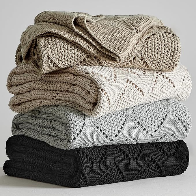 Longhui bedding Chunky Cotton Knit Throw Blanket for Couch, Sofa, Bed, or Chair, Decorative Breathable Fall Cable Knit Blanket 51 x 63 Inches, Beige