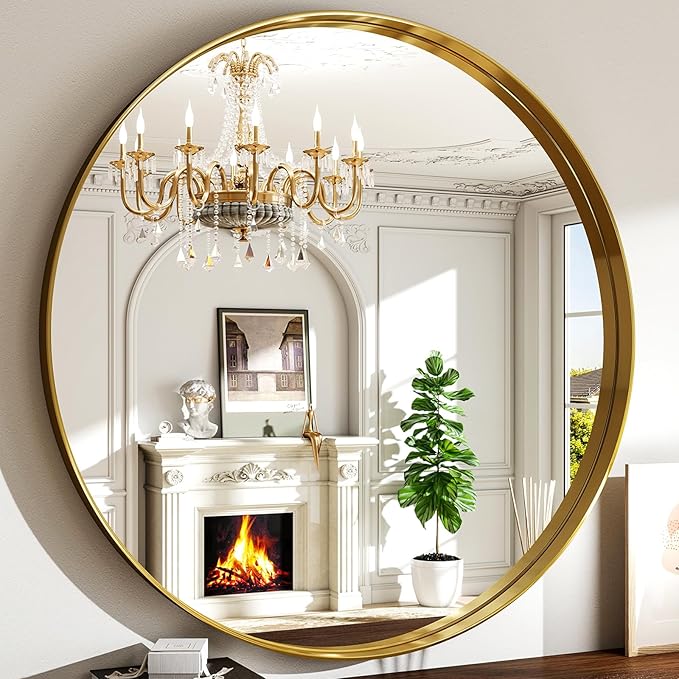48 Inch Round Bathroom Mirror - Wall Mounted Circle Mirror with Metal Frame, Modern Mirror Suitable for Bathroom, Vanity, Entryway, Living Room, Wall Decor,Gold