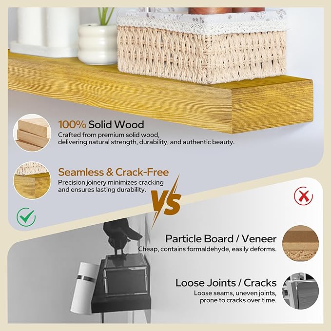 Floating Shelves 3 inch Thick for Wall Set of 2,Solid Pine Wood Wall Mount Shelf for Kitchen Living Room Bedroom Bathroom,8" D x 60" L x 3" H-Gold Oak