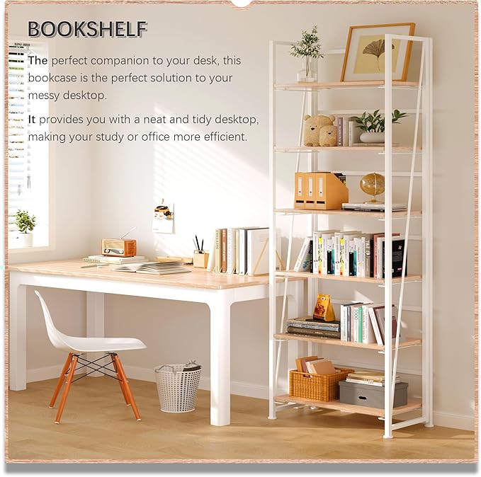 4NM No Assembly Foldable Bookshelf, 6-Shelf Collapsible Bookcase Storage for Small Spaces, 74" H, Natural White