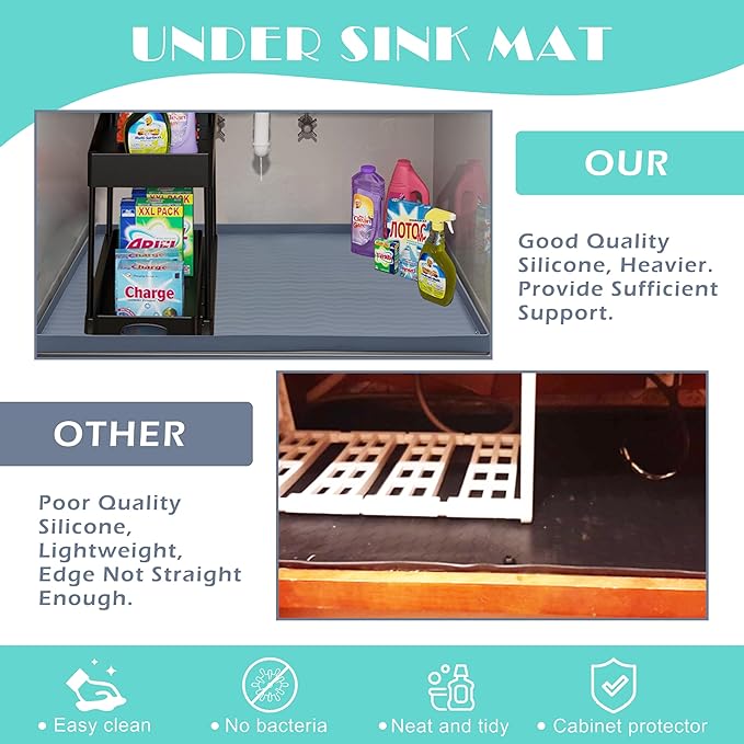 URMONA Waterproof Silicone Under Sink Mat 40'' x 22'' Shelf Liner for Kitchen and Bathroom, Cabinet and Counter Protector, Storage and Organizers, Litter Mat, Pet Cat Puppy Essentials(Black)