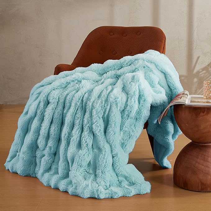 JELLYMONI Faux Fur Throw Blanket, Blue Fuzzy Cozy Plush Bubble Bed Throw, Thick and Warm (50" X 60")