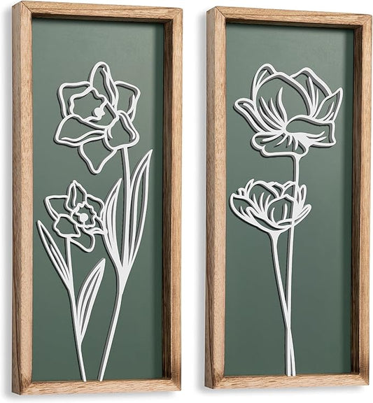 3D Floral Green Wall Art (Set of 2) Lightweight, Wooden Ready-to-Hang Boho Framed Wall Art for Bathroom, Bedroom, Living Room or Office – Premium Sage Green Farmhouse Decor – Gift-Boxed