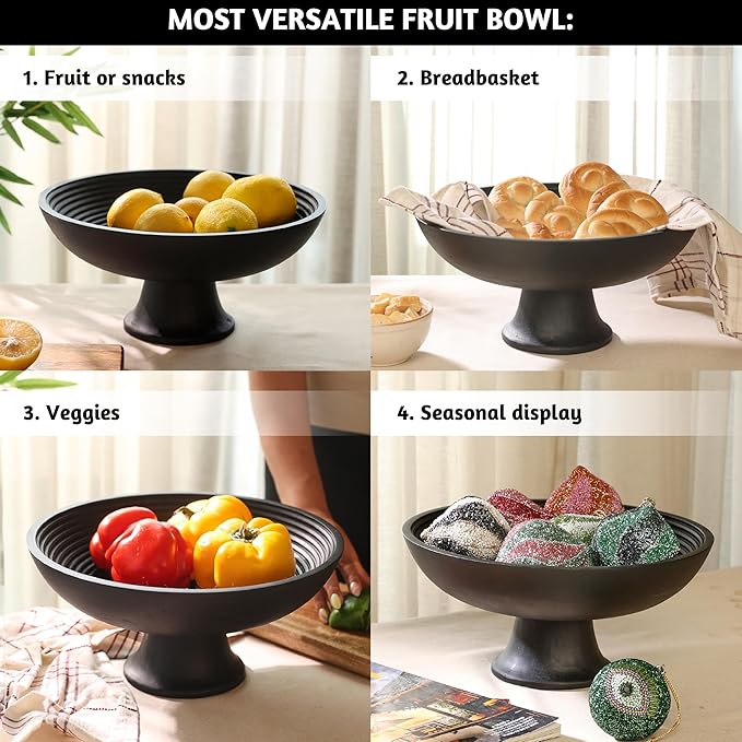 Folkulture Wooden Fruit Bowl for Kitchen Counter | 12" Large Premium Eco Friendly Banana Fruit Basket for Kitchen | Black Wood Bowl with Holder, Pedestal for Table Decor, Centerpiece for Dining Table