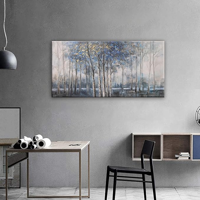 Canvas Wall Art Decor Modern Wall Art Decor Prints Gold Wall Art Pictures Wall Decor Blue Grey Misty Botanical Textured Artwork for Walls For Room Living Room Bedroom Office Wall Decor 20"X40"