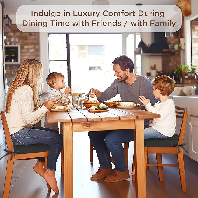 Codi Dining Chair Cushions 4 Pack, Thick Chairs Pads for Indoor Kitchen Room - Washable, Non-Slip Memory Foam Seat Cushion with Ties, 16.5"x16.5"x 3.5", Set of 4, Black