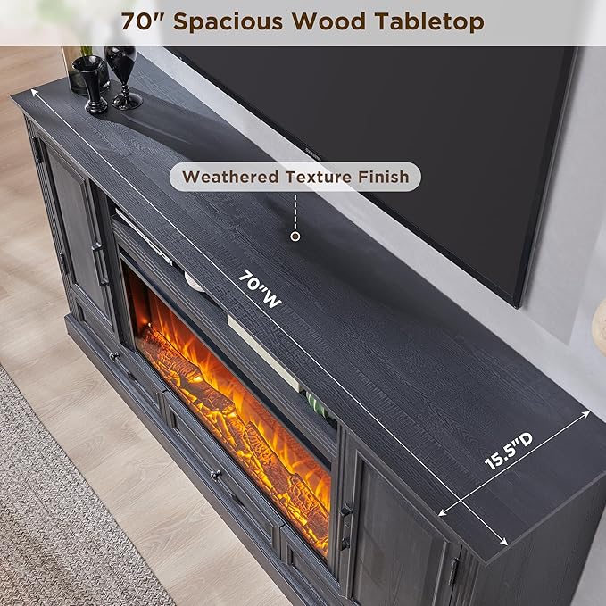 Fireplace TV Stand for 80 Inch TV, 35.7" Tall Farmhouse Entertainment Center W/36'' Electric Fireplace, Media Console with Large Storage Cabinets and Drawers for Living Room, Black