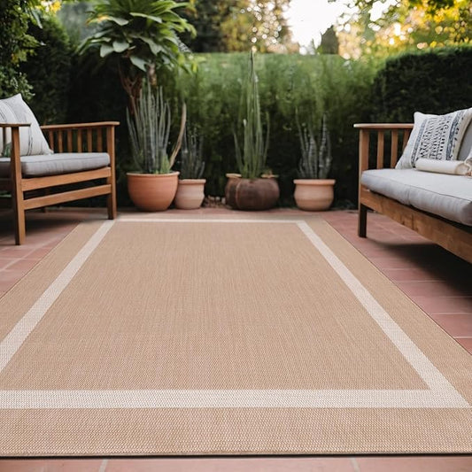 Bordered Outdoor Rug 6x9 Washable Outside Carpet for Indoor Patio Porch Waterproof Easy Cleaning Non Shedding Area Rugs Beige 6 x 9