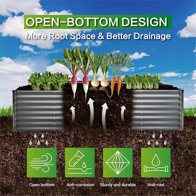 GARDMAX 8x4x2FT Galvanized Raised Garden Bed Kit, Metal Planter Boxes Outdoor with Easy Assembly, Large Garden Bed for Vegetables, Fruits, Flower, Herbs Rectangle Silver