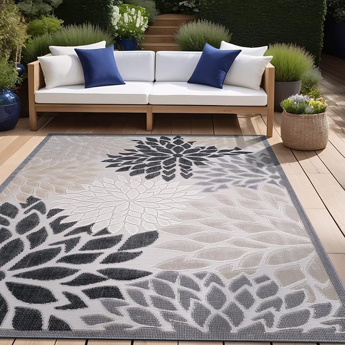 Beverly Rug Outdoor Rug 6x9 Modern Floral Tropical Area Rugs for Indoor and Outdoor Patio Easy to Clean Non Shedding Living Room Porch Garden Washable Outside Carpet (6 x 9 Beige)