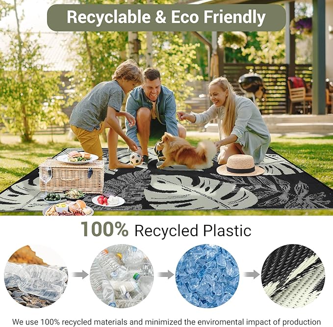 GAOMON Outdoor Rug Waterproof 9x18 Patio Rug Reversible Camping Mat, Foldable Portable Outdoor Plastic Straw Rugs RV Picnic Carpet with Bag & 4 Stakes, UV Resistant Outside Carpet for Deck Balcony