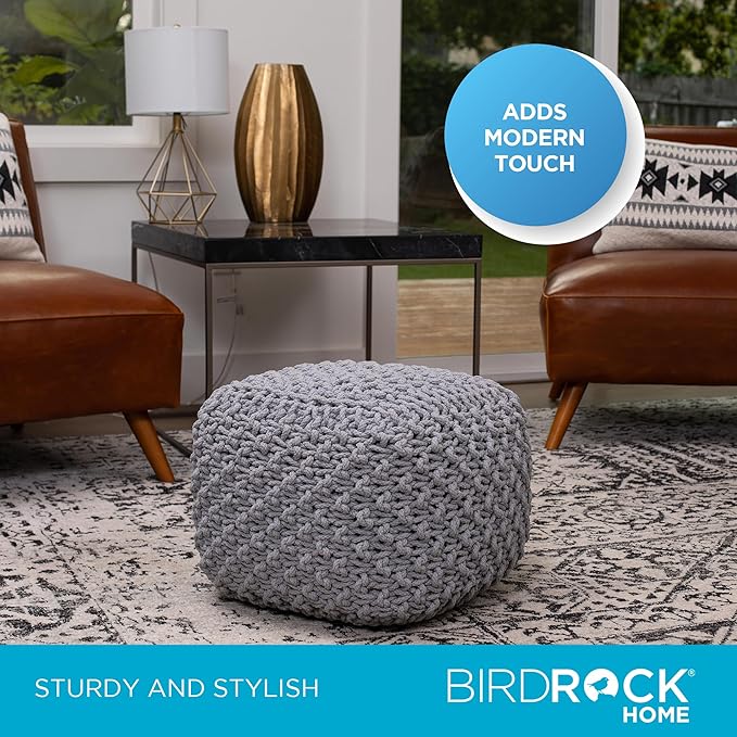 BIRDROCK HOME Square Pouf Ottoman | Cotton Braided Foot Stool with Bean Bag Filling | Boho Foot Rest for Living Room, Bedroom | Compact & Comfortable Seating, Lightweight & Sturdy | Grey