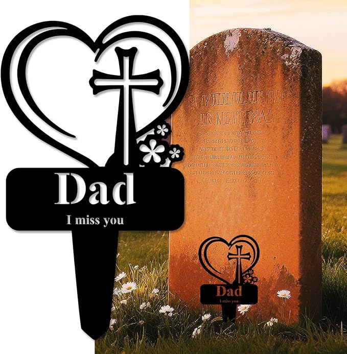 Dad Memorial Grave Stake, Cemetery Decorations for Grave Markers 12.5 x 7.2 inch Heart Metal Sympathy Stakes Graveside Plaque Decor Sign for Father Graves, Yard, Garden - Black-Dad