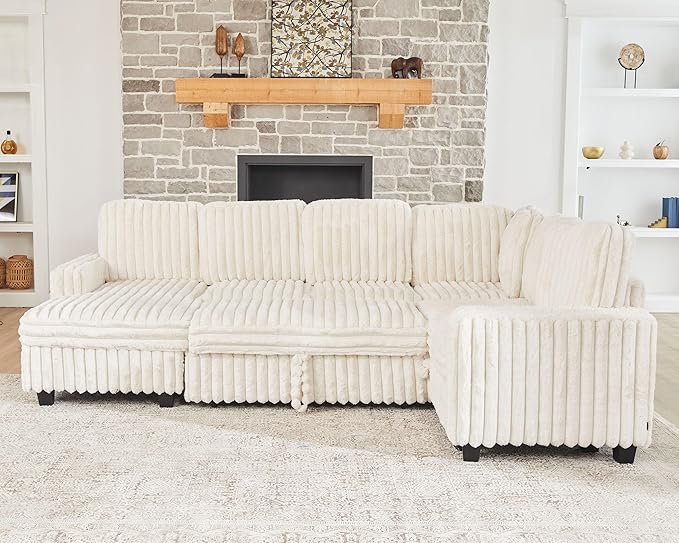Belffin Corduroy Sleeper Sofa Bed with Storage Chaise Modular Sectional Sofa Couch with Pull Out Bed L Shaped Sectional Couches for Living Room White Couch