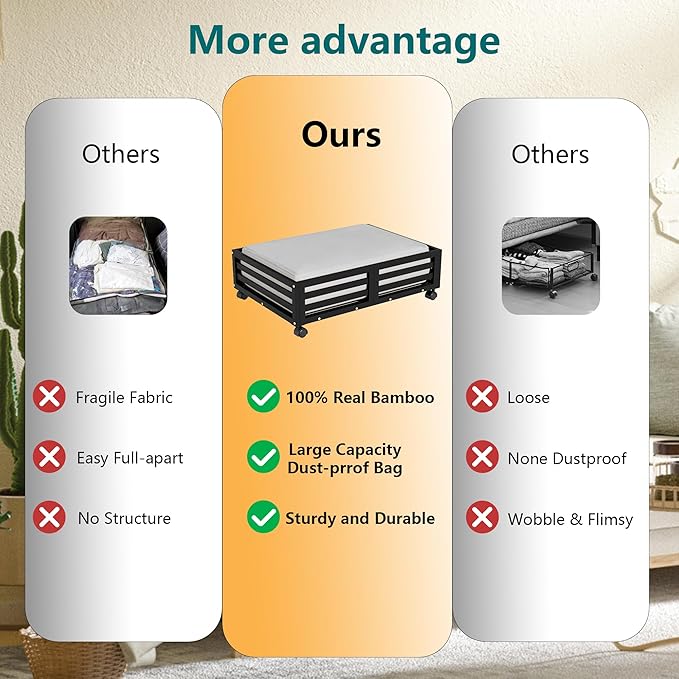 Bamboo Under Bed Storage Containers- Underbed Organizer with Wheels with Large Dust Bag,Sturdy Wood Rolling Under the Bed Shoe Storage Organizer Drawer 2 Pack