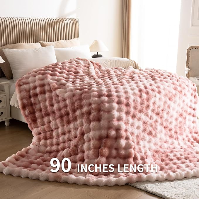 Cozy Faux Fur Throw Blanket for Couch-Warm Fuzzy Throw Blanket, Soft Plush Thick Bubble Blankets for Bedroom and Living Room, Furry Luxury Blanket, 90 x 108, Tie-Dye Pink