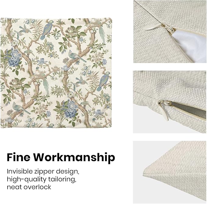 CXMEIFLY Chinoiserie Spring Pillow Covers 18 x 18 Inch Set of 2 for Blue Sage Green Vintage Flowers Bird Decor Throw Pillows Plant Farmhouse Outdoor Decorative Cushion Cases for Couch Bed Decorations