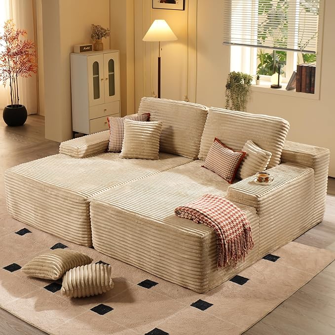 ovios 81" Oversized Sectional Double Lounge Chaise with Cloud Plush Sofa Bed, No Assembly Required, Fluffy Modern Sleeper Loveseat Chair for Indoor Living Room Bedroom Reading, Beige (Plush Fabric)