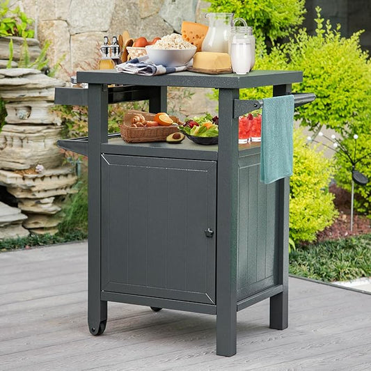 Domi Grill Carts Outdoor with Storage and Wheels, Whole Metal Portable Table and Storage Cabinet for BBQ,Deck,Patio,Backyard(Dark Grey)