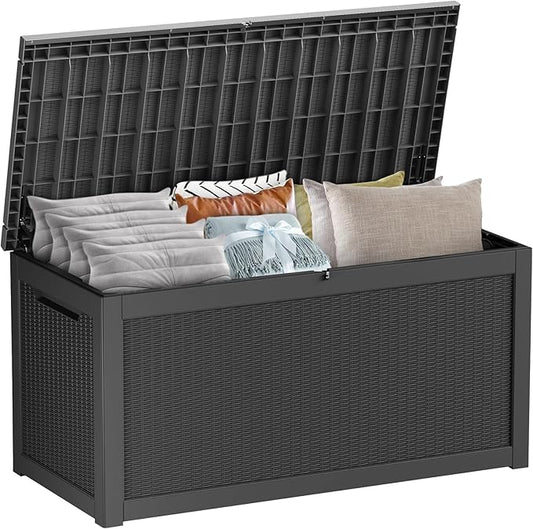 267 Gallon Deck Box Large Outdoor Storage for Patio Furniture,Outdoor Cushions,Garden Tools and Pool Supplies,Waterproof,Resin,Lockable(Black Rattan)