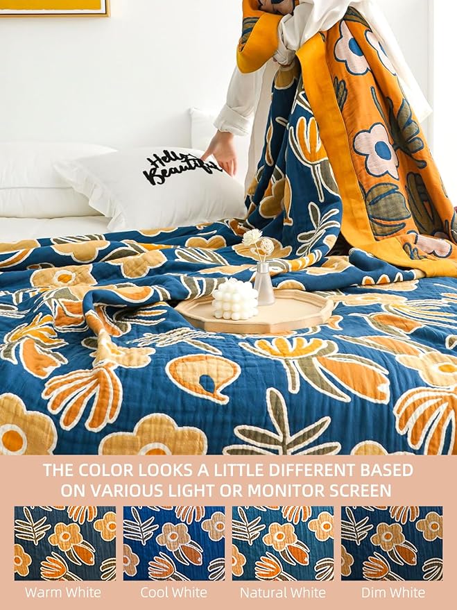 Boho Throw Blanket for Bed - 100% Pure Cotton Ultra Soft Rustic Quilt - Farmhouse Decor Bed Blankets, All Season Rustic Throw for Sofa Couch Chair(91''x 98'', Floral)