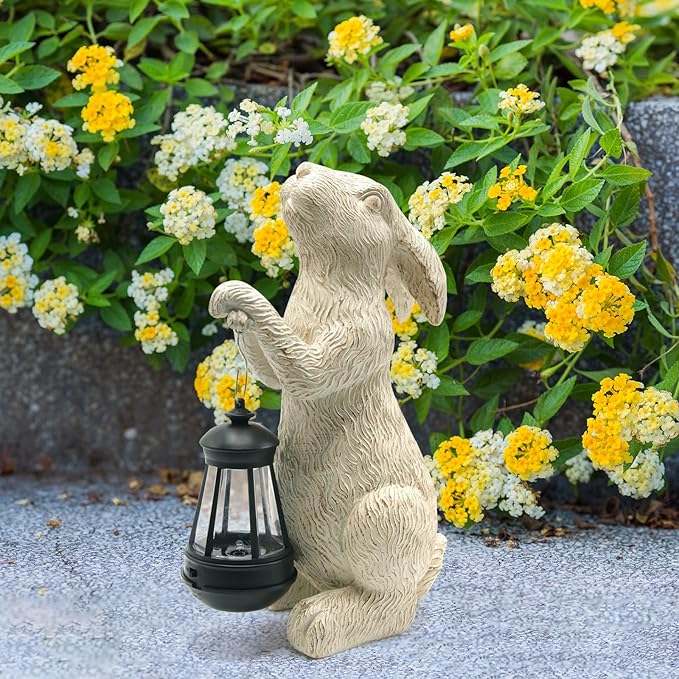 Garden Statues Rabbit with Solar Lights-Bunny Figurine Halloween Decorations Outdoor Rabbit Decor for Lawn,Balcony-Yard Art Garden&Patio Decor,Unique Housewarming&Birthday Gifts for Women Mom