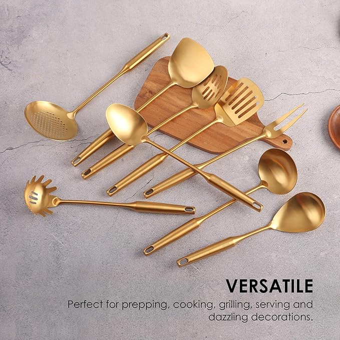 Gold Kitchen Utensils Set - 18/10 Stainless Steel Cooking Tools, 15" All Metal Serving Utensils with Fork, Solid/Slotted Spoon, Spatula, Ladle, Skimmer, Tunner, Pasta Spoon, Large Spoon, Set of 9