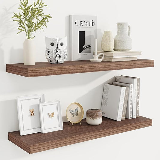 Fun Memories Floating Shelves for Wall, 32 Inch Rustic Wood Wall Mounted Shelves for Bathroom, Bedroom, Kitchen, Living Room, Deep Floating Shelves for Storage & Home Decor (Walnut, Set of 2)