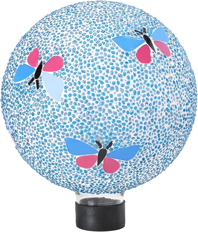 Gazing Ball 8 Inch Butterfly Glass Mosaic Garden Globe Outdoor Gazing Globe Yard Ornament for Garden Yard Home Lawn Outdoor Decoration Gift for Women (Not Solar Powered)