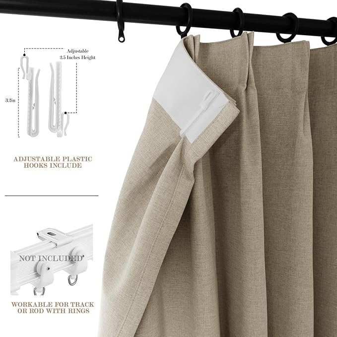 Light Khaki Pinch Pleat 100% Blackout Drapes Linen Blend, Room Divider, Room Darkening, Energy Saving, Furniture Protecting, Light Blocking Extra Wide Privacy Curtains, 200Wx102L, 1 PC