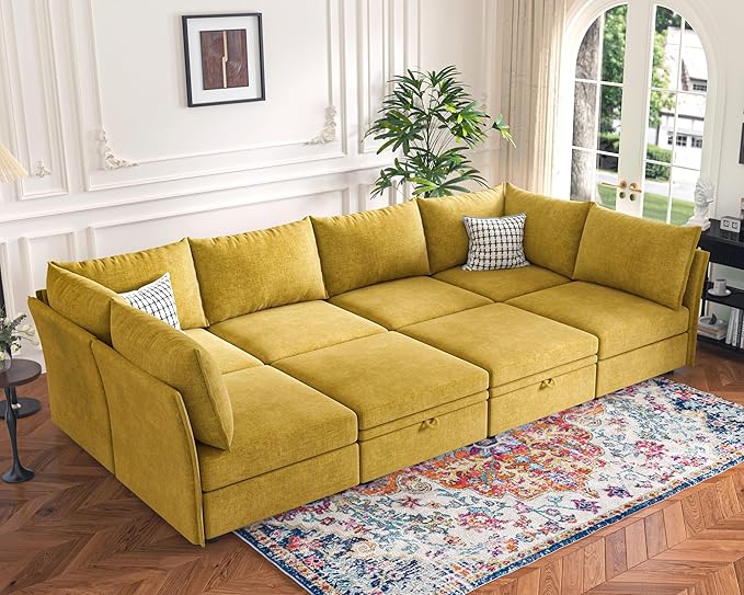 136.4" Oversized Modular Sectional Sleeper Sofa Bed, U Shaped Convertible Couch with Movable Ottoman, Large 8 Seat Corner Couches for Living Room Deep Seat Yellow Chenille